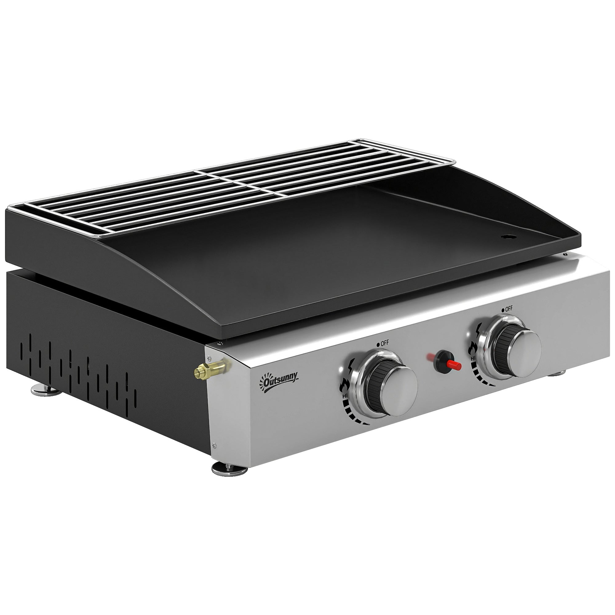 Outsunny 2 Burner Grill Griddle, Portable Gas Plancha with Warming Rack, 5 kW, Tabletop Gas BBQ with Grease Cup, Black 