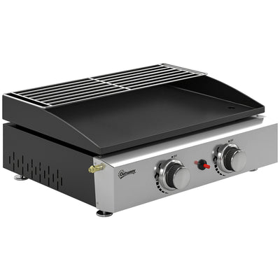Outsunny 2 Burner Grill Griddle, Portable Gas Plancha with Warming Rack, 5 kW, Tabletop Gas BBQ with Grease Cup, Black 