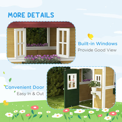 Outsunny Wooden Playhouse with Doors, Windows, Plant Pots, Boxes, for 3-8 Years - Beige 