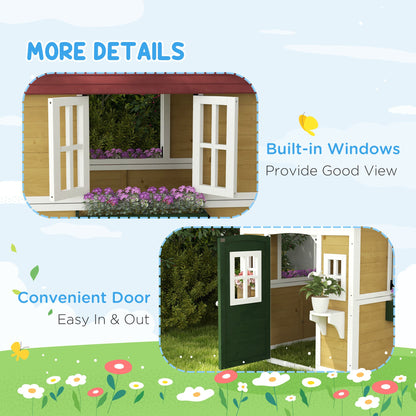 Outsunny Wooden Playhouse with Doors, Windows, Plant Pots, Boxes, for 3-8 Years - Beige 