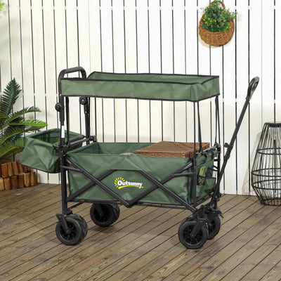 Outsunny Folding Trolley Cart Storage Wagon Beach Trailer 4 Wheels with Handle Overhead Canopy Cart Push Pull for Camping, Green 