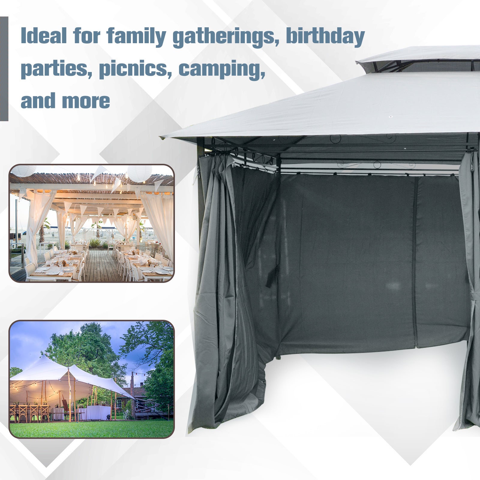 Outsunny 4m x 3(m)Garden Gazebo, Double Roof Outdoor Gazebo Canopy Shelter with Curtains, Solid Steel Frame for Lawn and Deck, Grey 