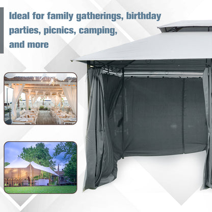 Outsunny 4m x 3(m)Garden Gazebo, Double Roof Outdoor Gazebo Canopy Shelter with Curtains, Solid Steel Frame for Lawn and Deck, Grey 