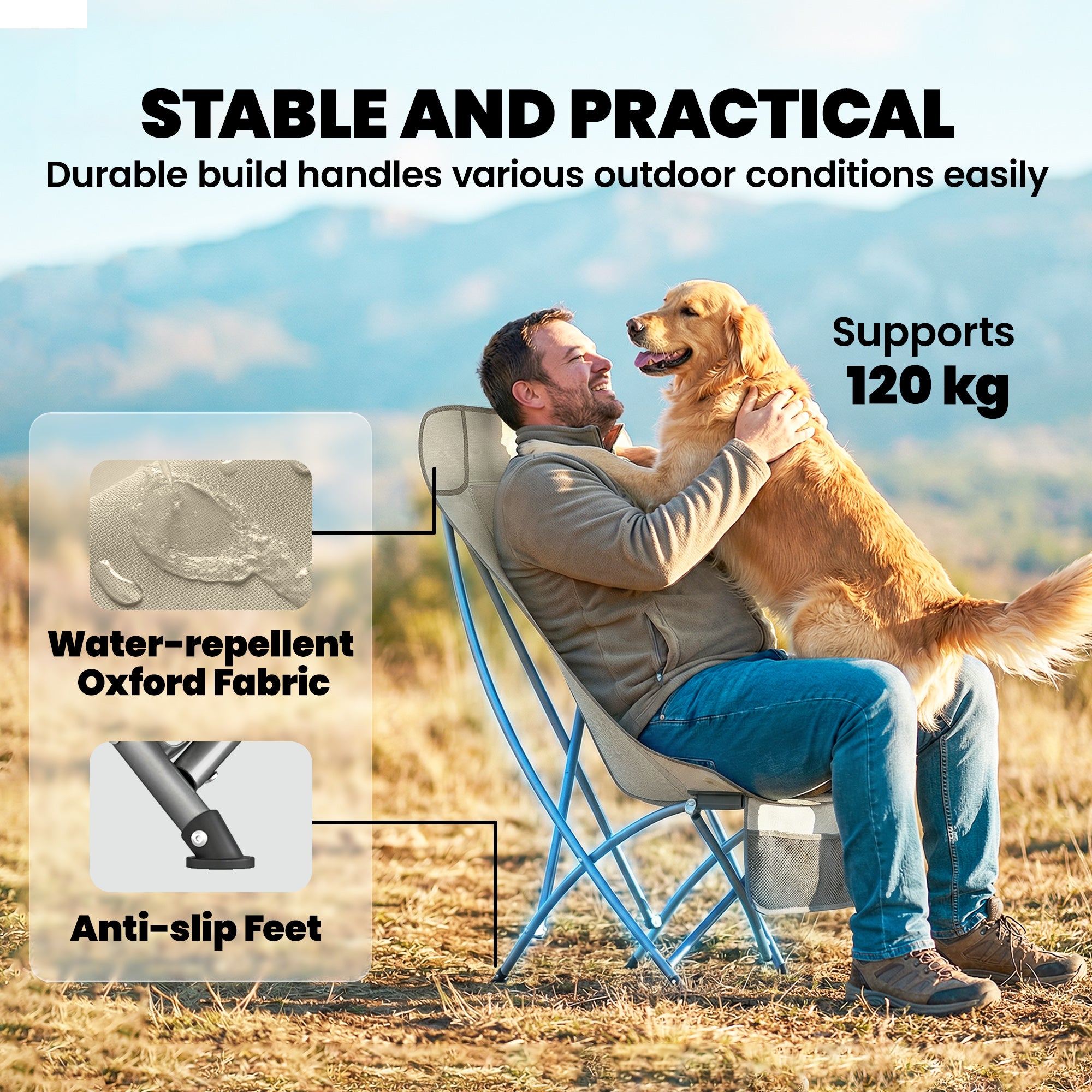 Outsunny Camping Chair for Adults Heavy Duty Folding Camp Chair with Side Pocket and Carry Bag Khaki 