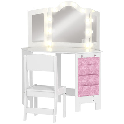 AIYAPLAY Kids Dressing Table and Stool Set, Girls Vanity Table with 2-Colour LED Lights, Tri-Folding Mirror, White 