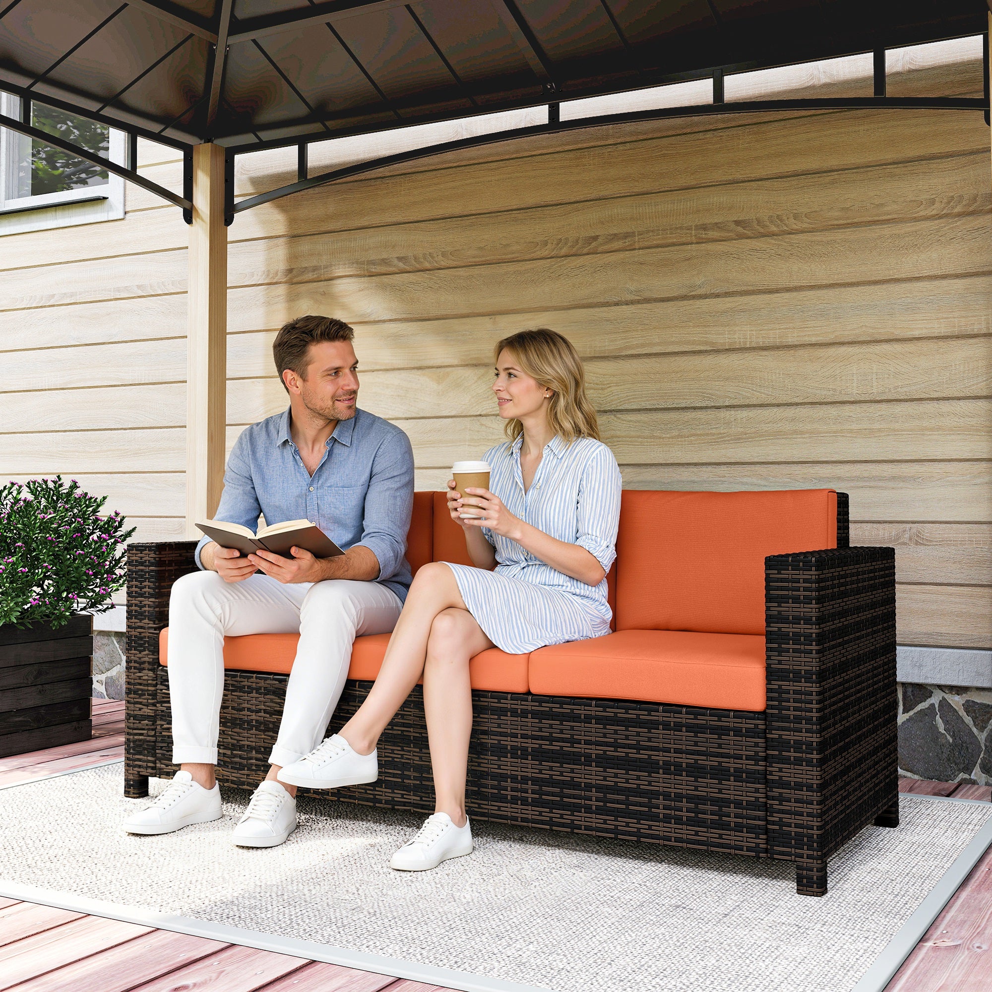 Outsunny 3 Seater Rattan Sofa All-Weather Wicker Weave Metal Frame Chair with Fire Resistant Cushio-Orange 