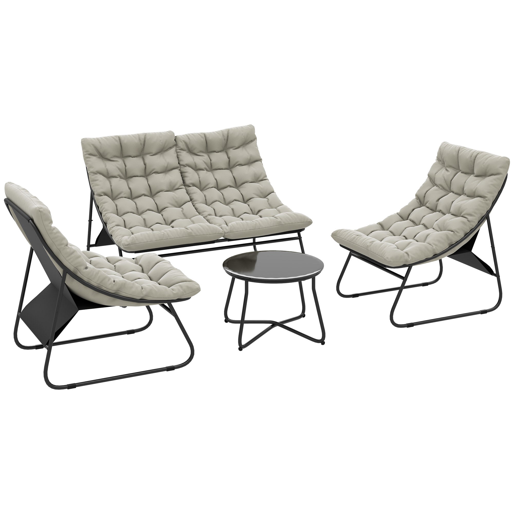 Outsunny 4 Seater Garden Furniture Set, Conversation Set with Loveseat Sofa, Chairs, Glass Coffee Table, Thick Cushions, Steel Outdoor Sofa for Balcony, Poolside, Conservatory, Light Grey 