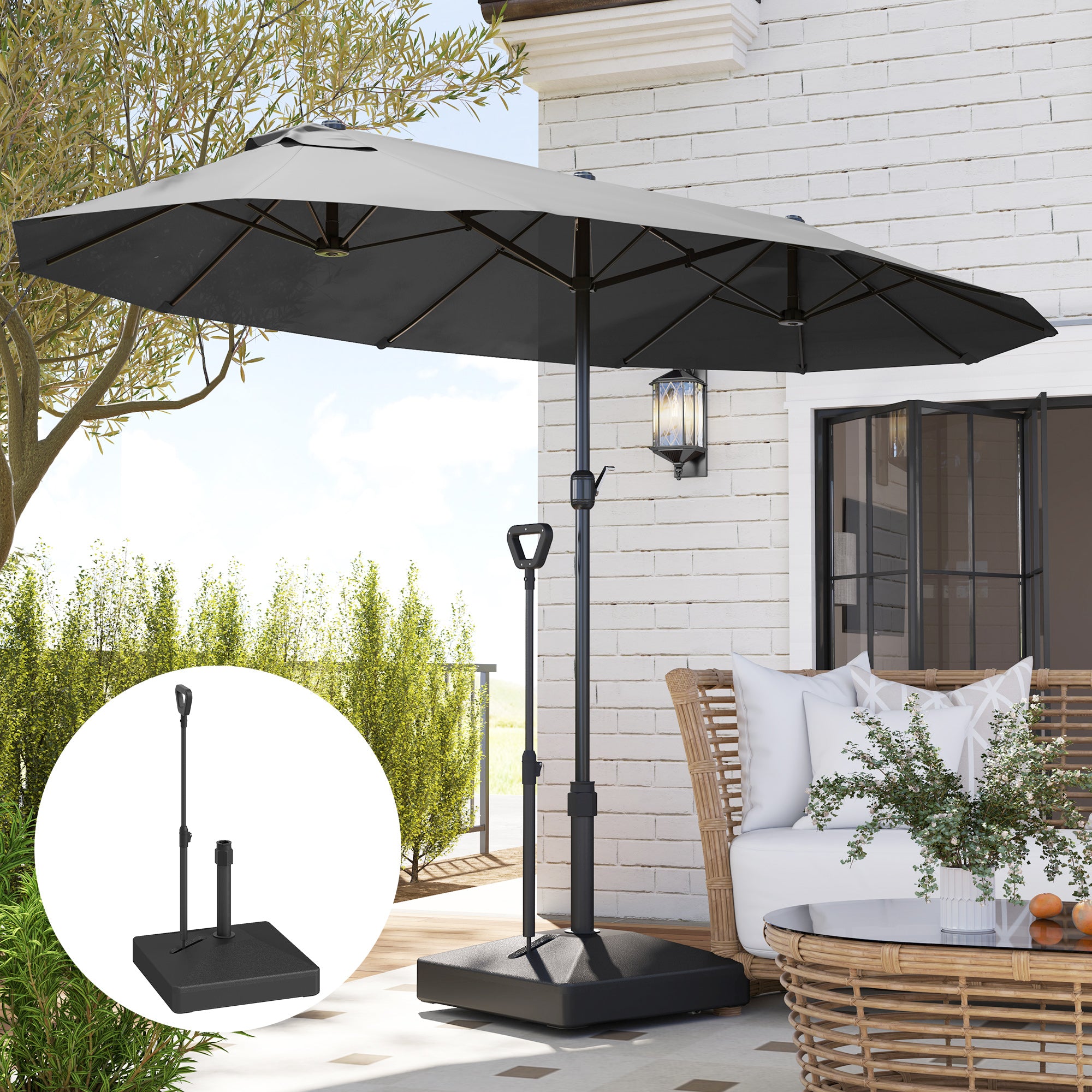 Outsunny Garden Parasol Base with Adjustable Wheels and Handle, Garden Sun Umbrella Base Parasol Stand, Filled Up to 55kg with Stand, 45kg with Water for Garden Poolside, Black