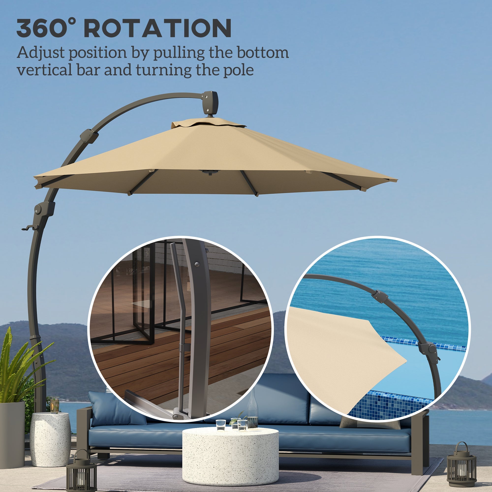 Outsunny 3(m) Garden Cantilever Parasol, Round Overhanging Umbrella with Crank Handle, Cross Base, Aluminium Frame and 360° Rotation, Banana Patio Umbrella for Outdoor Sun Shade, Khaki 