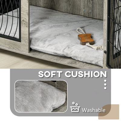 PawHut Indoor Dog Crate Furniture End Table with Soft Washable Cushion, Lockable Front Door, for Extra Large Dogs - Grey 