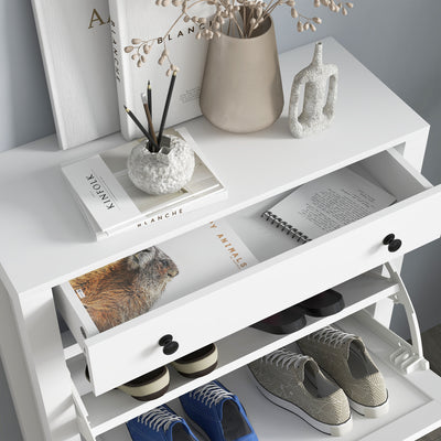 HOMCOM Narrow Shoe Cabinet with 2 Flip Drawers and Adjustable Shelves, White 
