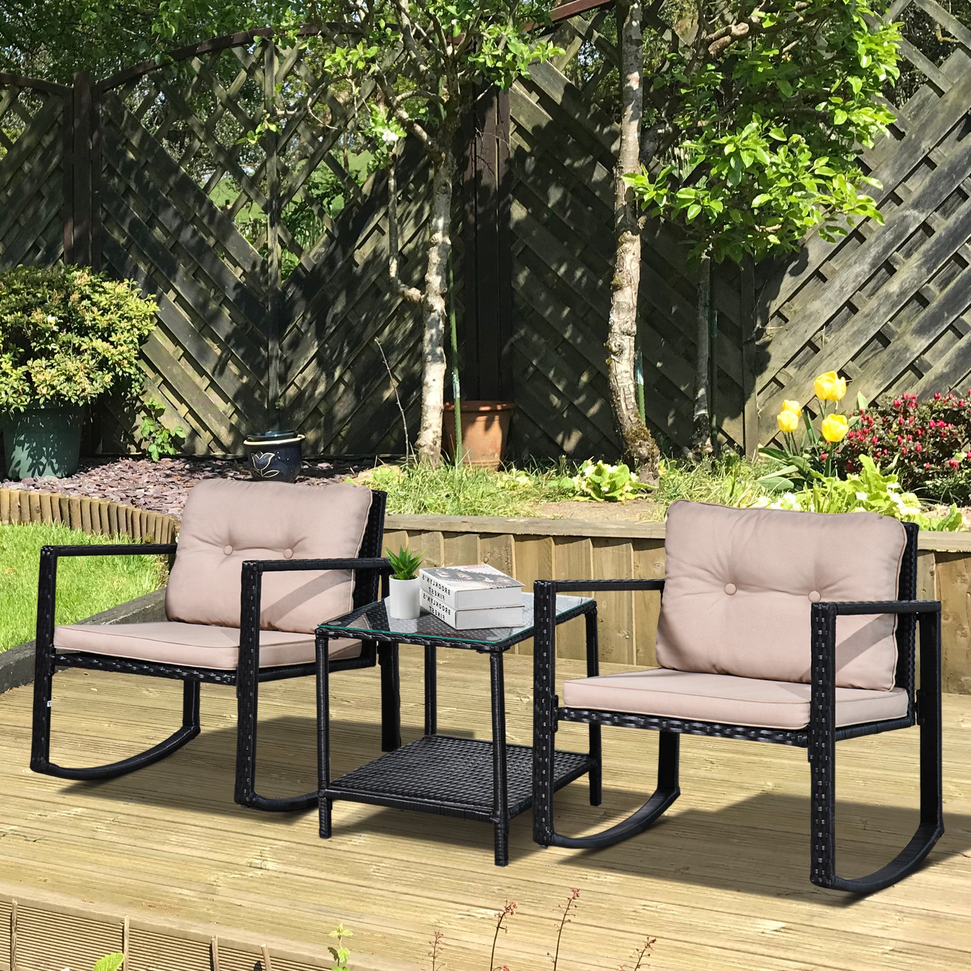 Outsunny 3 Pieces Rattan Garden Rocking Chair Set, Outdoor Rocking Bistro Set w/ 2 Cushioned Armchair and Glass Top Two-tier Coffee Table, Black 