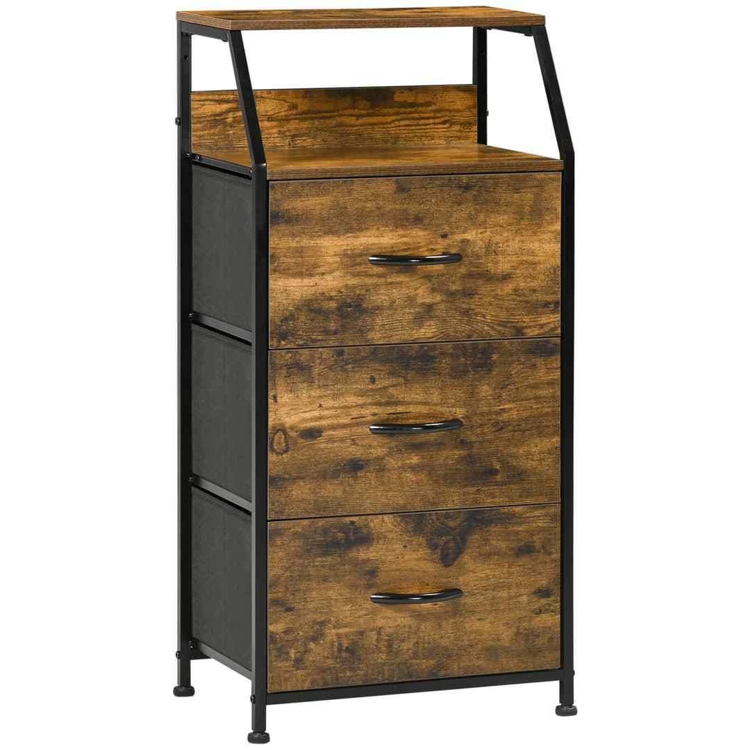 HOMCOM Industrial Storage Cabinet, Fabric Chest of Drawers with Display Shelves, 3 Drawers Storage Unit for Living Room, Rustic Brown 