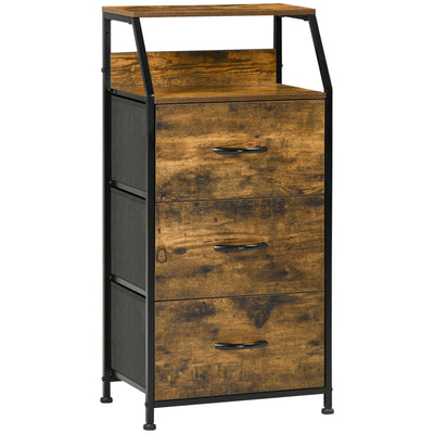 HOMCOM Industrial Storage Cabinet, Fabric Chest of Drawers with Display Shelves, 3 Drawers Storage Unit for Living Room, Rustic Brown 