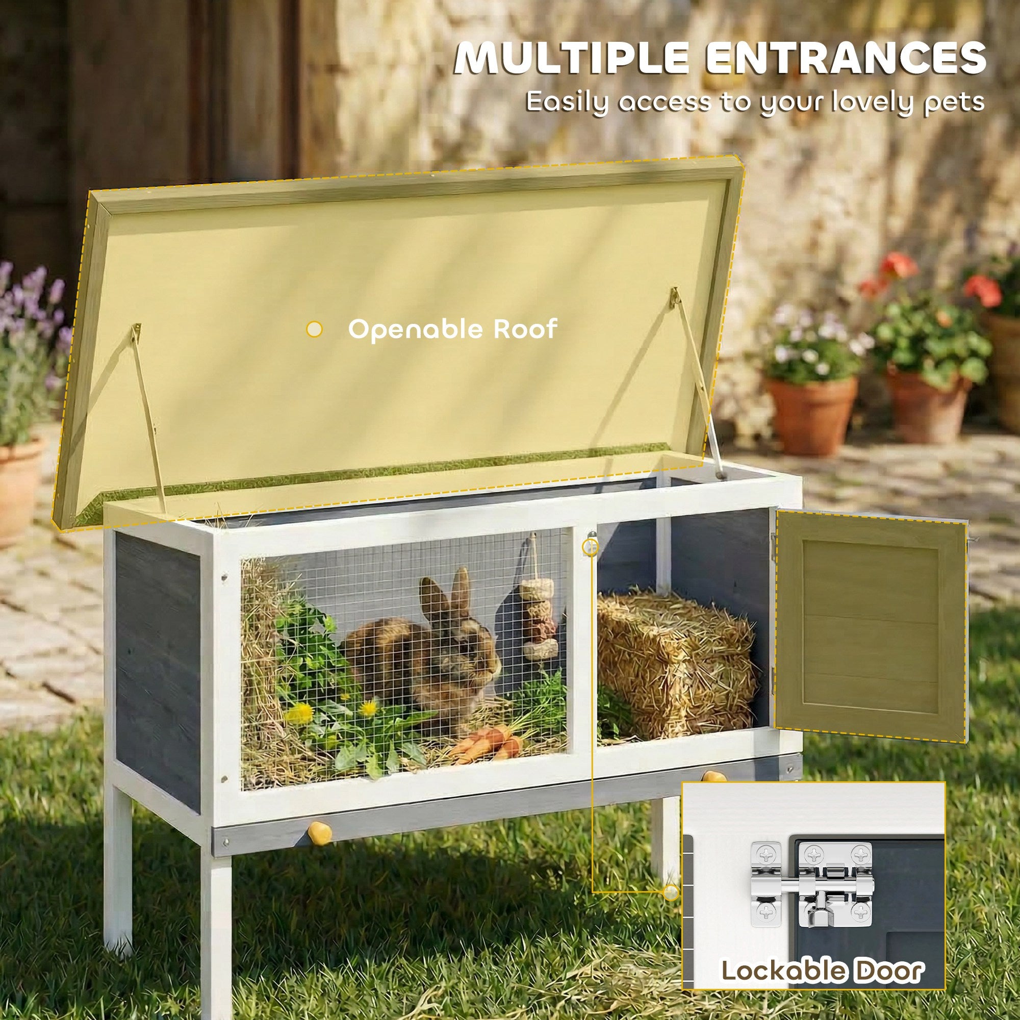 PawHut Wooden Rabbit Hutch, Guinea Pig Hutch with Asphalt Roof, Outdoor Elevated Bunny House for Rabbits, Chinchillas 