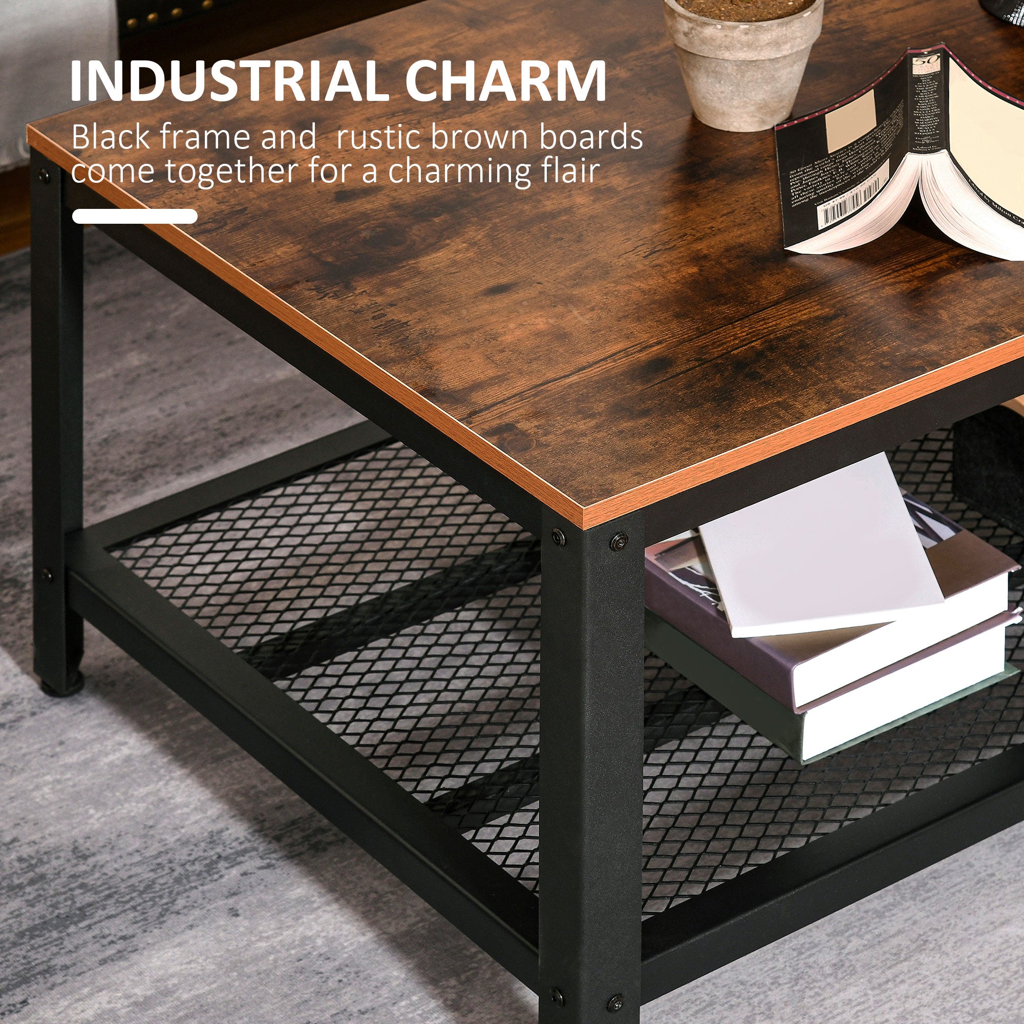 HOMCOM Coffee Table Industrial Side Table Living Room Table with Storage Shelf and Metal Frame for Home Office, 106L x 60W x 45Hcm 