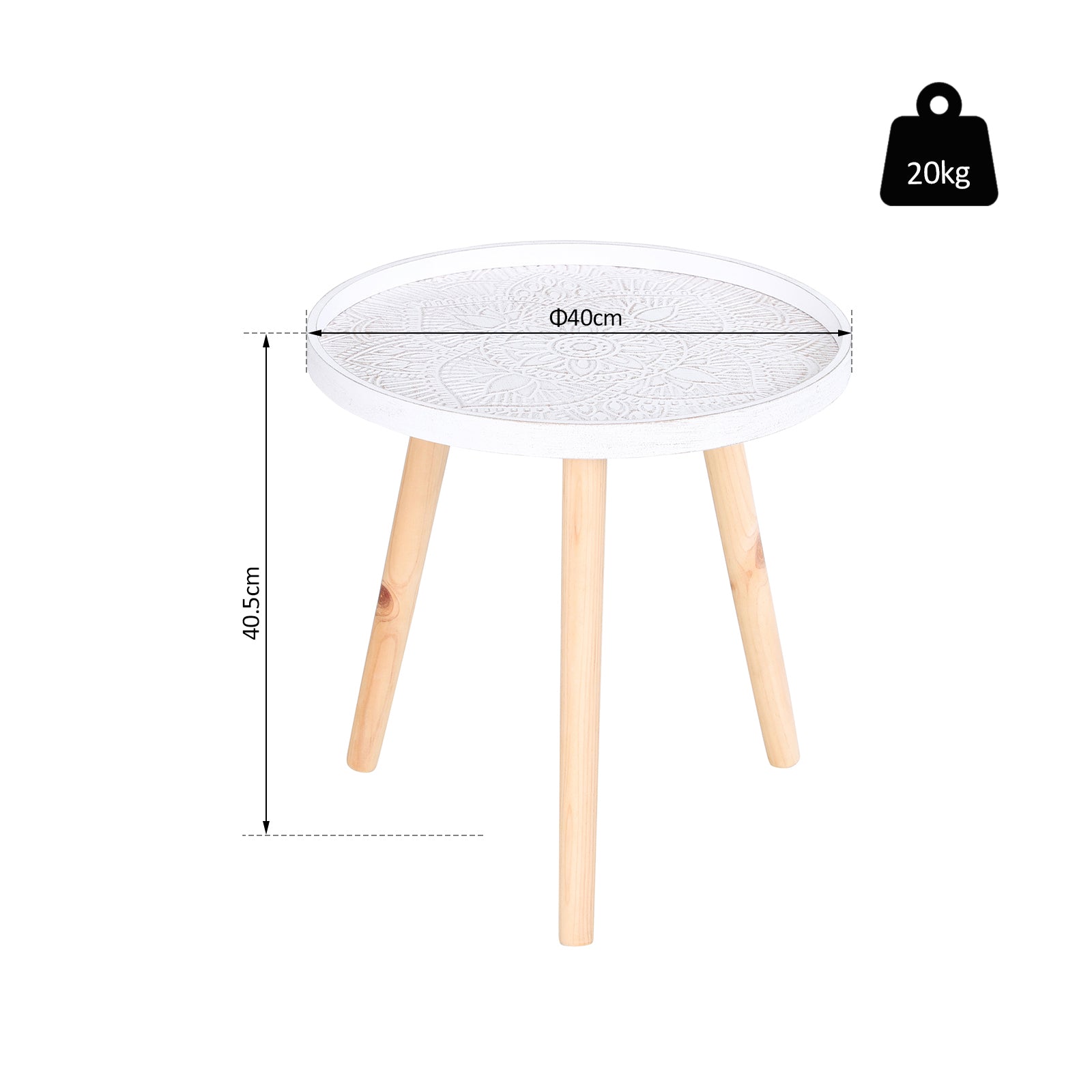 HOMCOM Coffee Table, Carved Floral Round Table with Tray-style Top and Wood Legs, Modern Side Table for Living Room, White 