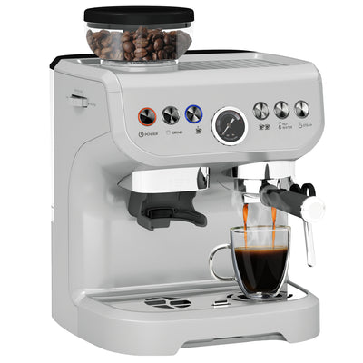 HOMCOM 15 Bar Coffee Machine, with Adjustable Grind, Steamer and Accessories - Silver Colour 