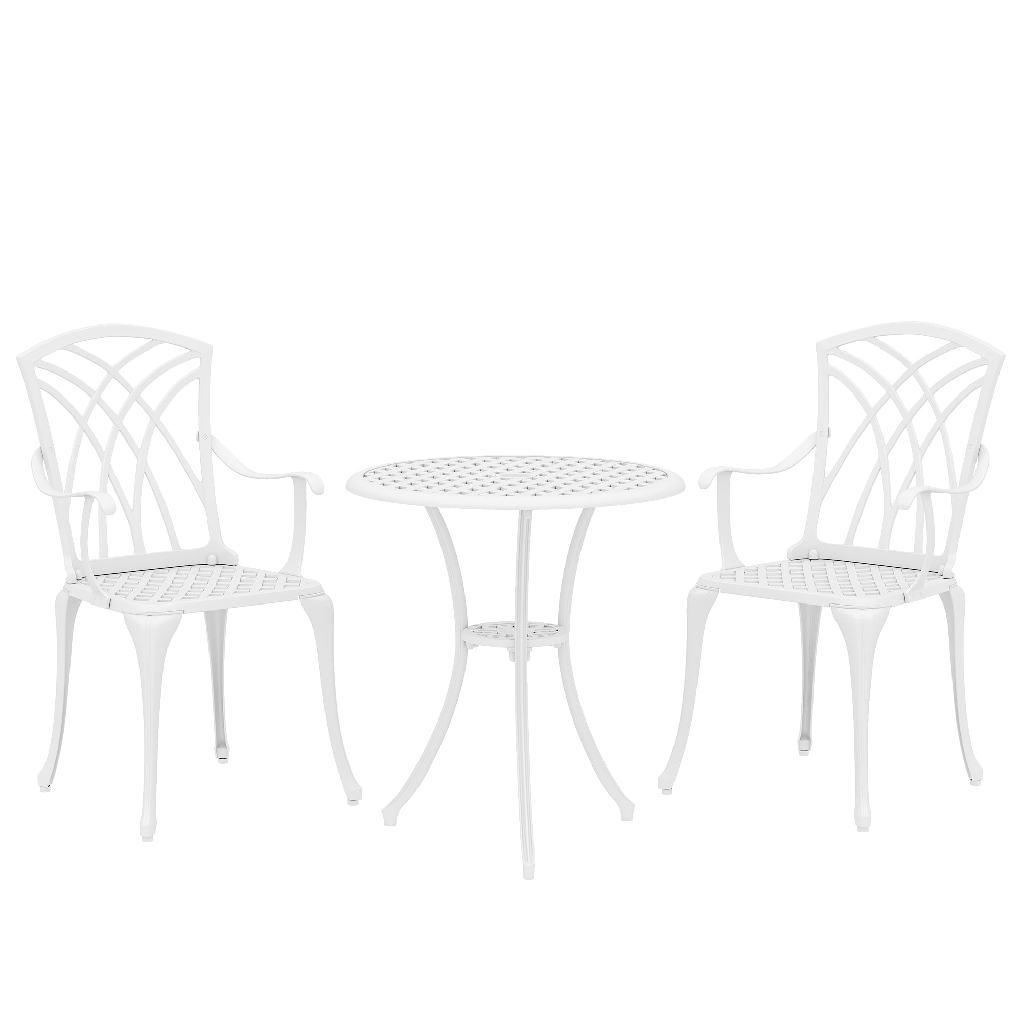 Outsunny 3 Pieces Garden Bistro Set, Cast Aluminium Outdoor Dining Set with 2 Chairs and Round Table with Parasol Hole, White 