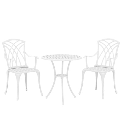 Outsunny 3 Pieces Garden Bistro Set, Cast Aluminium Outdoor Dining Set with 2 Chairs and Round Table with Parasol Hole, White 