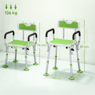 HOMCOM EVA Padded Shower Chair for the Elderly and Disabled, Height Adjustable Shower Stool with Back and Arms, 4 Suction Foot Pads, Green 