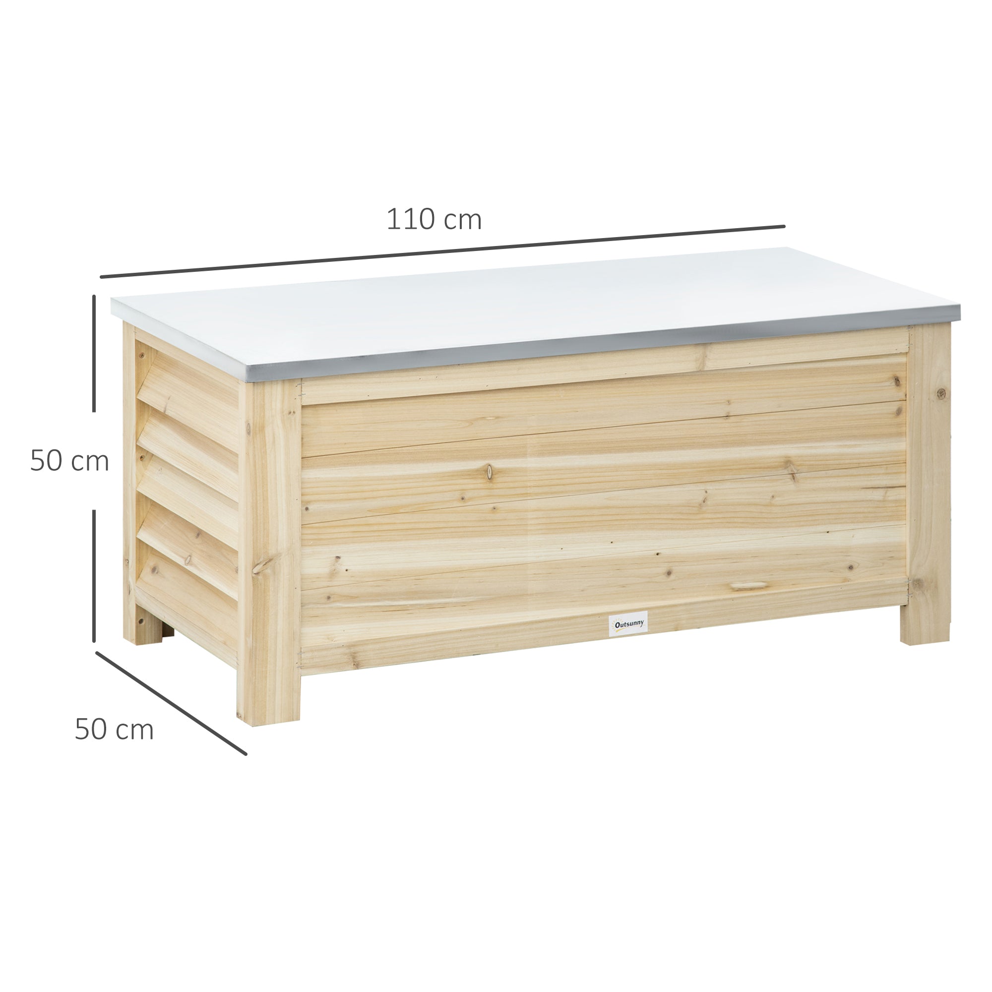 Outsunny 155L Outdoor Storage Box with Metal Top and Shutter Walls, Wooden Outside Tool organiser Container, for Garden, terrace 