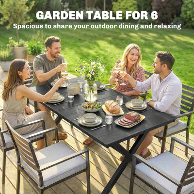 Outsunny Garden Dining Table for 6, Rectangular Outdoor Table with Wood Effect HDPE Top, X-Shaped Metal Legs, Black 
