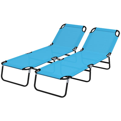 Outsunny Foldable Sun Lounger Set of 2 with 5-Position Adjustable Backrest, Outdoor Portable Recliner Chaise Lounge Chair with Breathable Mesh Fabric, Sky Blue 