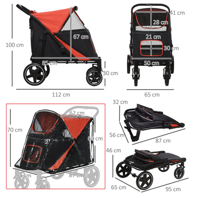 PawHut One-Click Foldable Pet Travel Stroller with Rain Cover, Cat Dog Pushchair with Universal Front Wheels, Shock Absorber, Storage Bags, Mesh Window, Safety Leash for Large and Medium Dogs (Red) 