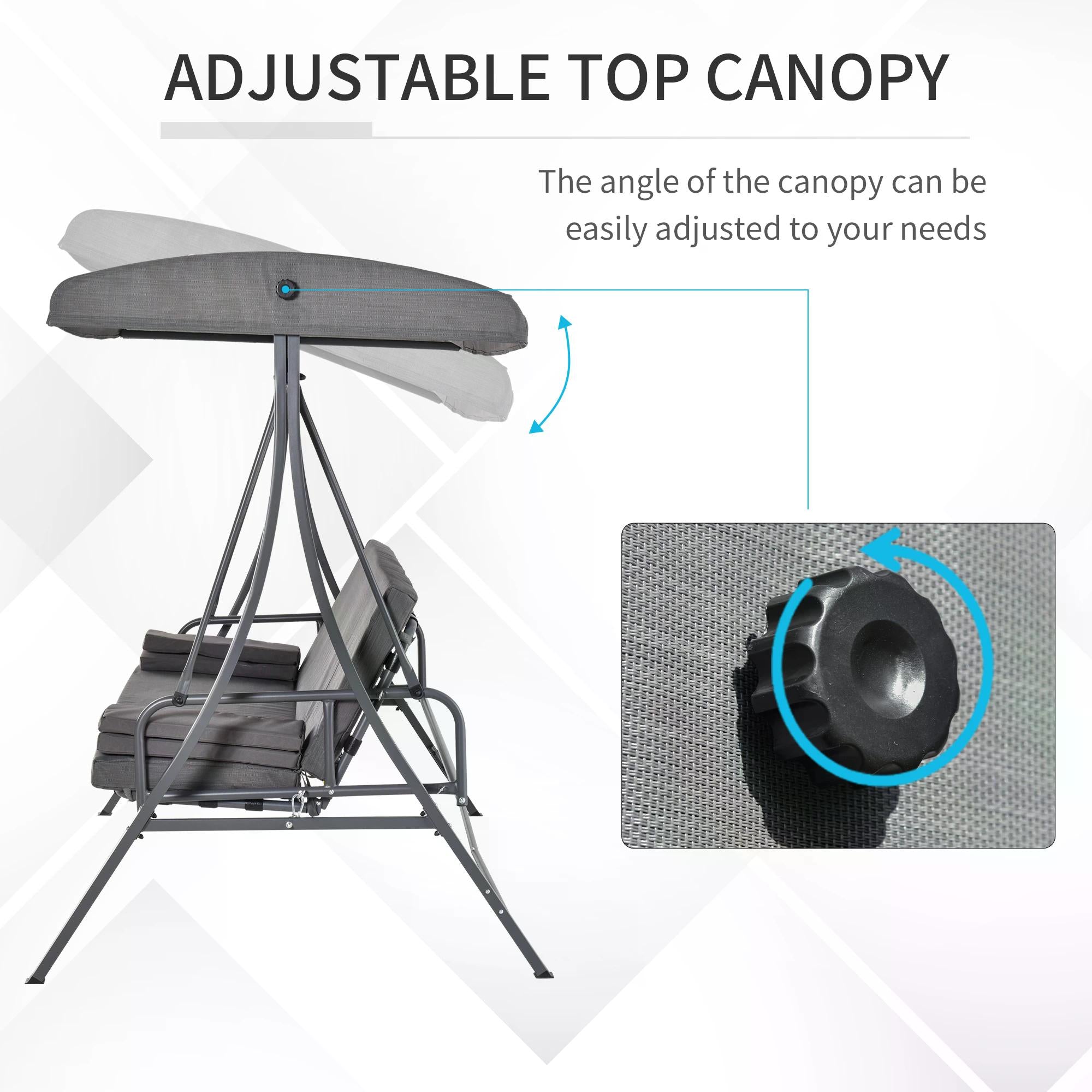 Outsunny 2-in-1 Patio 3 Seater Swing Chair Hammock w/ Cushion Adjustable Canopy Garden 