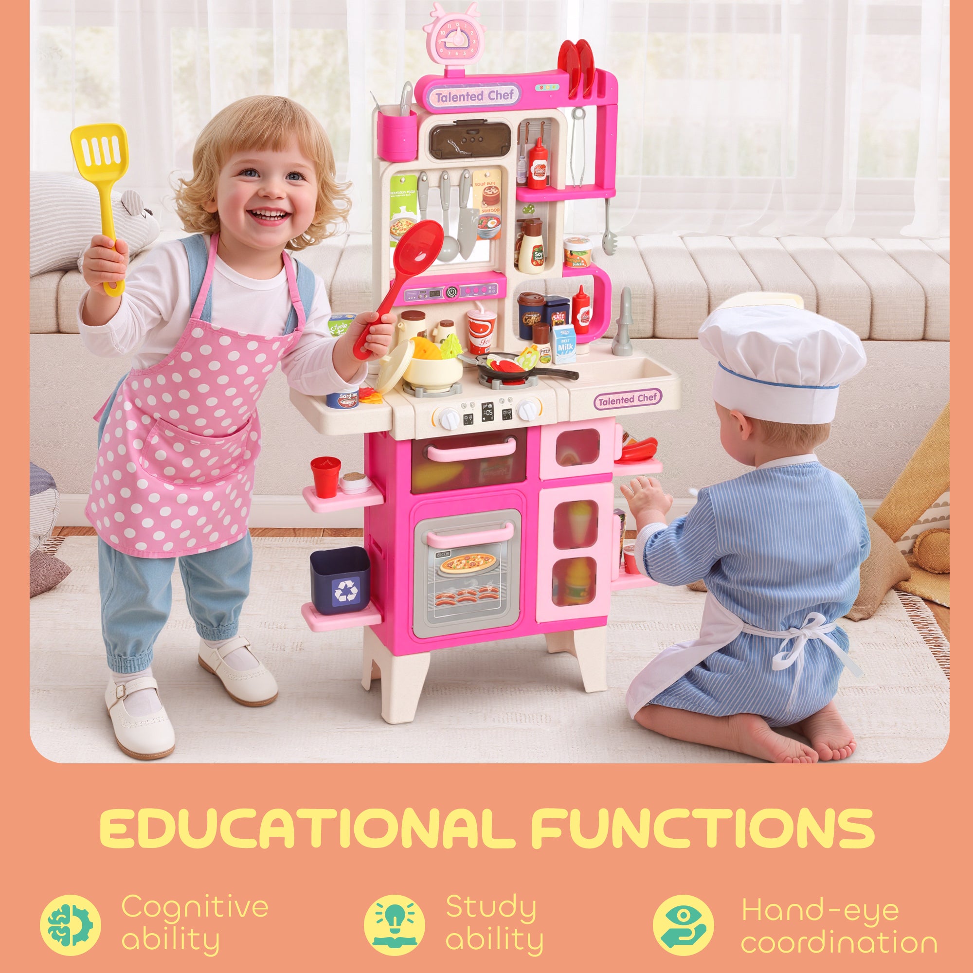 AIYAPLAY Pretend Play Kitchen Set with Realistic Lights & Sounds, 104PCS Toy Kitchen Accessories for Boys and Girls, Pink