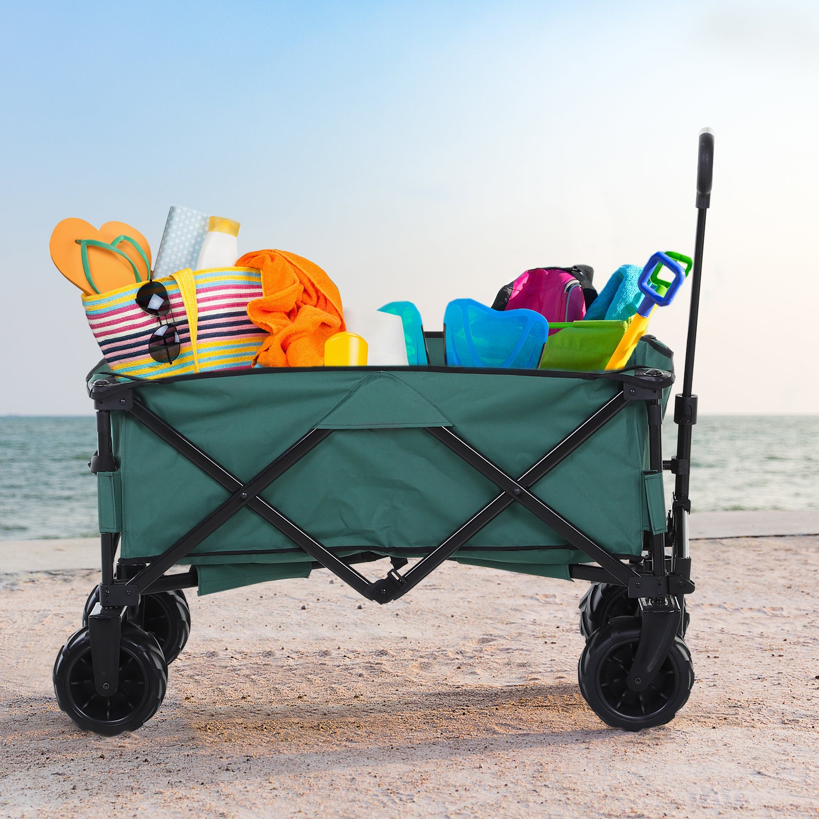 Outsunny 140L Folding Garden Trolley Cart, Festival Trolley on Wheels with Telescopic Handle, Big Wheels for Outdoor Camping Beach, Green 
