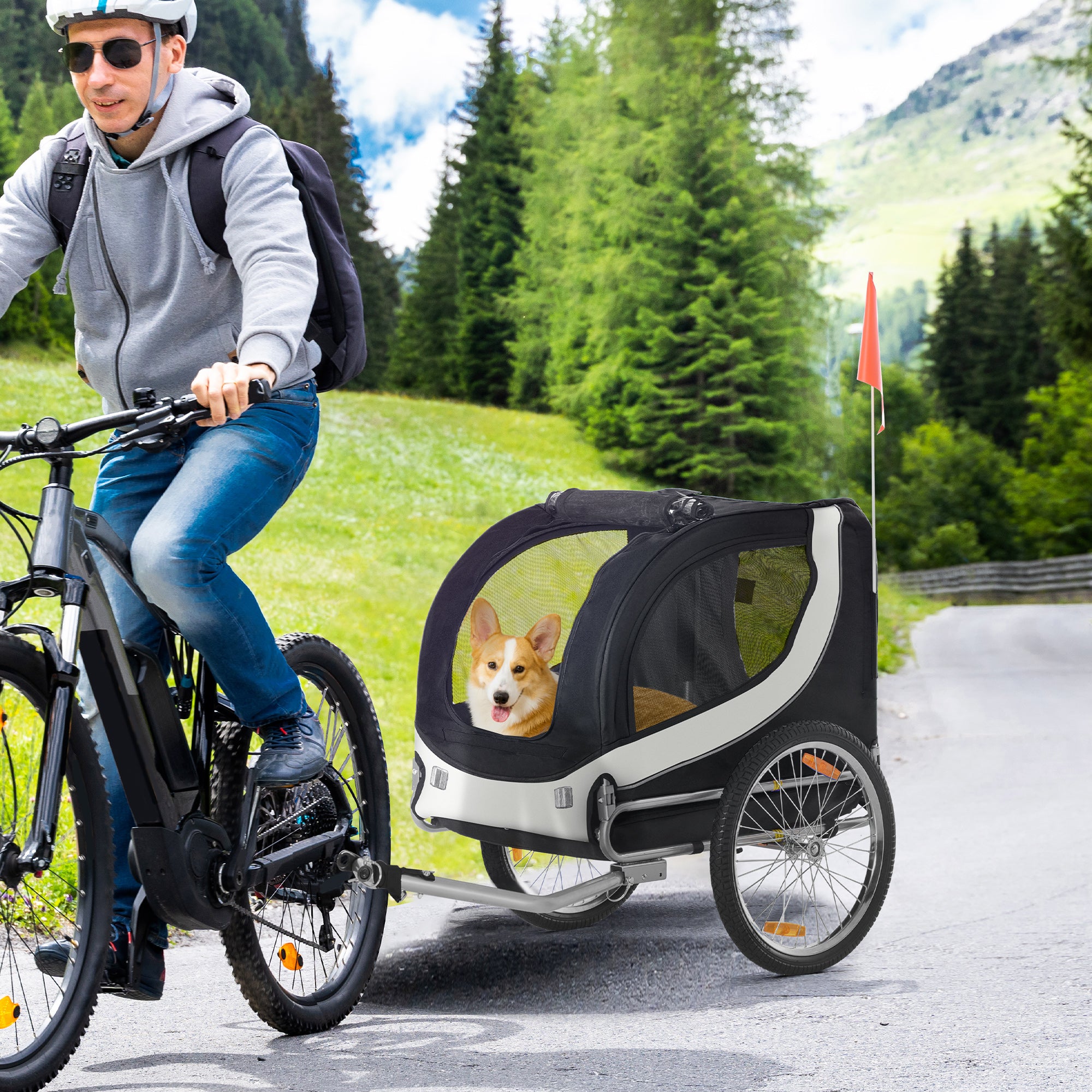 PawHut Steel Dog Bike Trailer Pet Cart Carrier for Bicycle Kit Water Resistant with Hitch Coupler Travel White and Black 