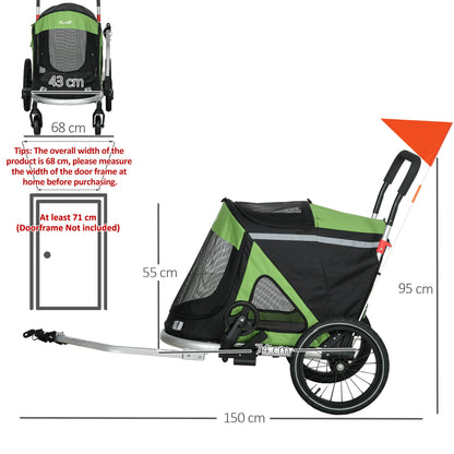 PawHut 2 in 1 Aluminium Foldable Dog Bike Trailer, Pet Stroller, for Medium Dogs - Green 