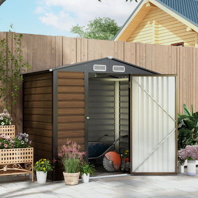 Outsunny 4 x 6ft Galvanised Steel Garden Shed, with Lock and Gloves - Oak 