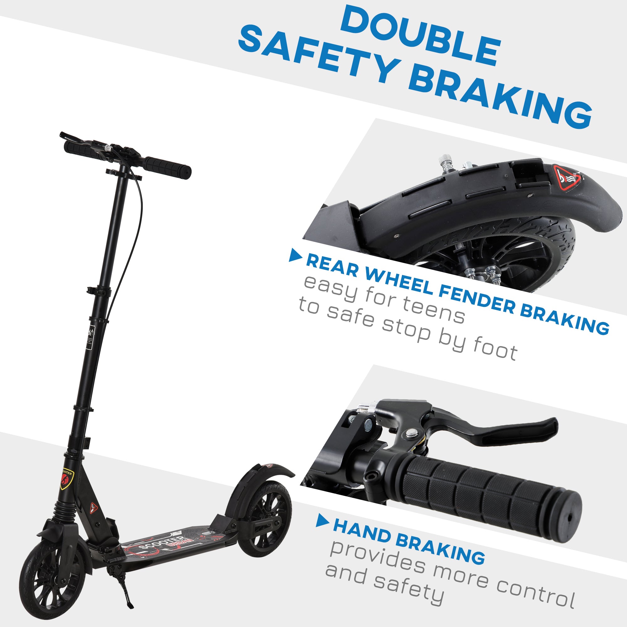 HOMCOM Adult Teens Kick Scooter Foldable Height Adjustable Aluminium Ride On Toy for 14+ w/ Rear Wheel & Hand Brake, 200mm Big Wheels, Shock Mitigation System - Black 
