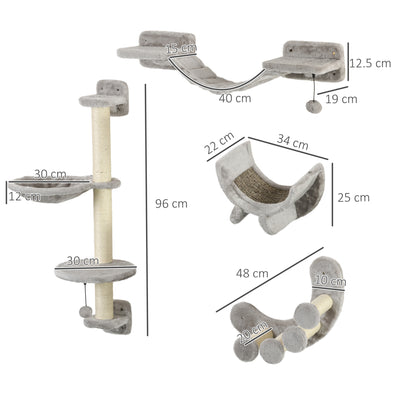 PawHut Four-Piece Cat Wall Furniture, with Hammock, Ladder, Platforms, Steps, for Indoor Use - Grey 