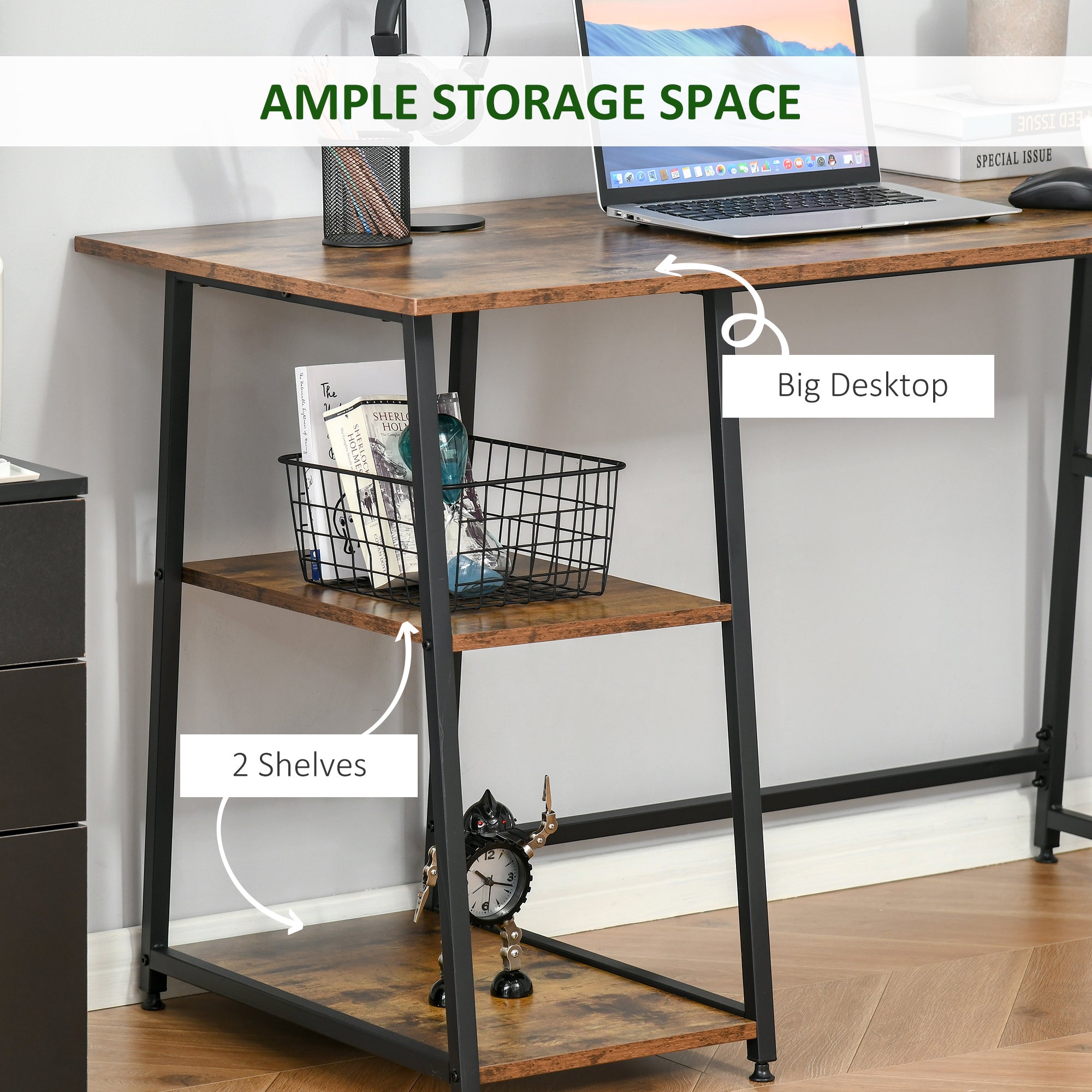 HOMCOM Computer Desk with Storage, Industrial Home Office Desk with 2 Tier Shelves and Steel Frame, Work Desk for Study Room, Black and Rustic Brown 