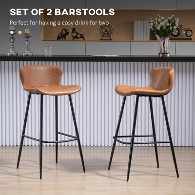 HOMCOM Bar Stools Set of 2, PU Leather Upholstered Bar Chairs, Kitchen Stools with Backs and Steel Legs for Dining Room, Brown 