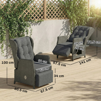 Outsunny Rattan Garden Recliner Chair, Reclining Garden Chair with Adjustable Back and Footrest, Flip Table, Cushion, Dark Grey 