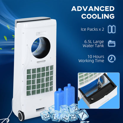 HOMCOM Evaporative Air Cooler, 6.5L 4-in-1 Bladeless Portable Cooler, Fan, Humidifier, Air Clean with Oscillation, 3 Speeds, 24H Timer, Sleep Mode, 2 Ice Packs, Wheels, Remote, for Home Office 