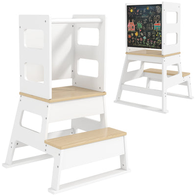 AIYAPLAY 2-in-1 Toddler Tower with Chalkboard, Safety Rail for Kitchen, Counter, Bathroom, Sink, White 