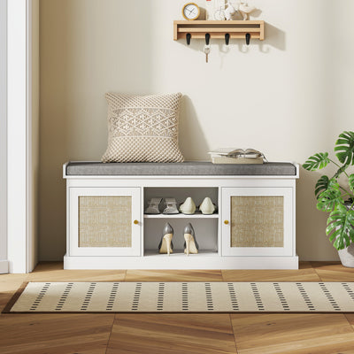 HOMCOM Boho Shoe Storage Bench with Padded Cushion and Rattan Doors - White 
