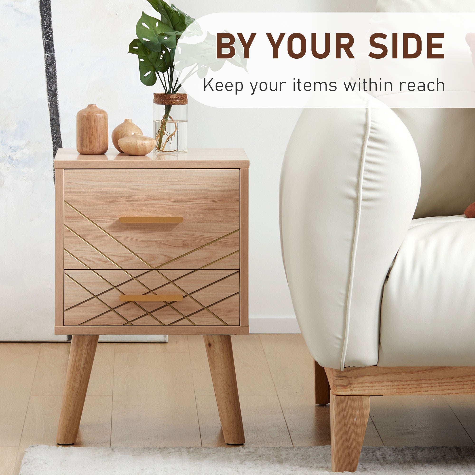 HOMCOM 2-Piece Scandinavian Bedside Tables with Drawers, Bedside Cabinets with Wood Legs, Natural 