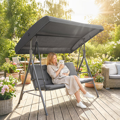 Outsunny 3 Seater Garden Swing Chair, Patio Rocking Bench with Tilting Canopy, Removable Cushion and Steel Frame, Dark Grey 