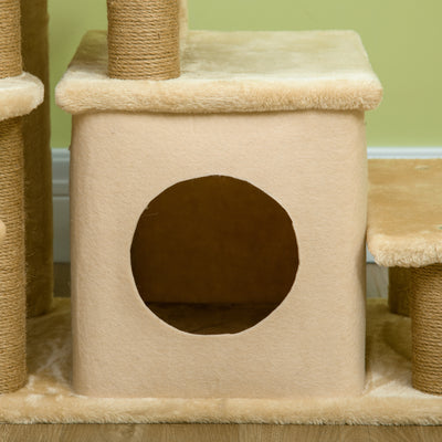 PawHut Adjustable Cat Steps, with House & Hanging Toy Ball - Beige 