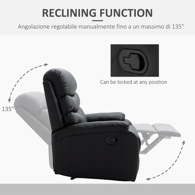 HOMCOM PU Leather Reclining Chair, Manual Recliner Chair with Padded Armrests, Retractable Footrest and Wood Frame, Black 