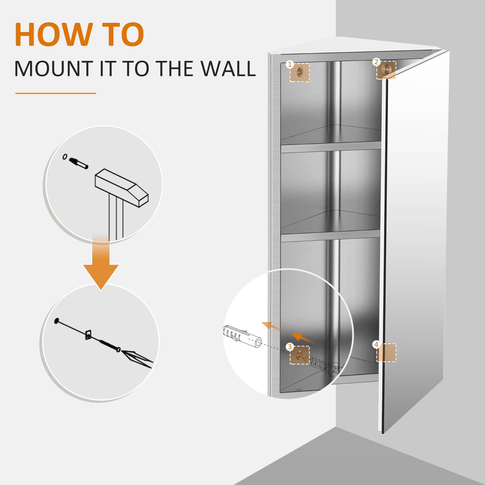HOMCOM Stainless Steel Wall mounted Bathroom Corner Mirror Storage Cabinet Single Door 300mm (W) 