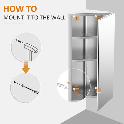 HOMCOM Stainless Steel Wall mounted Bathroom Corner Mirror Storage Cabinet Single Door 300mm (W) 
