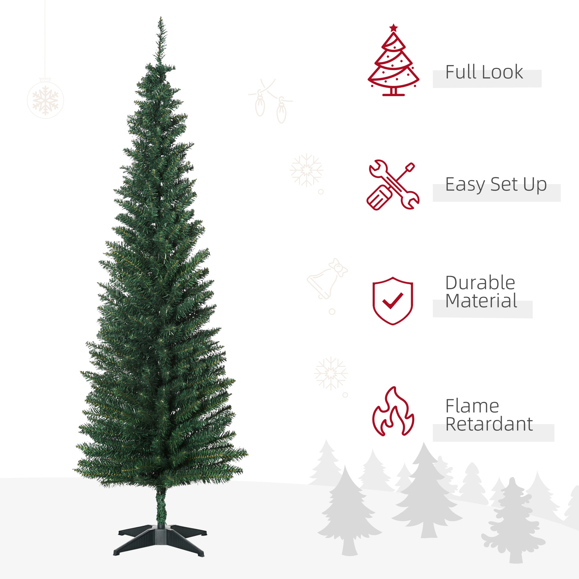 HOMCOM 6ft Unlit Artificial Christmas Tree, Pencil Slim Xmas Tree with Solid Stand and Realistic Branches, Green 